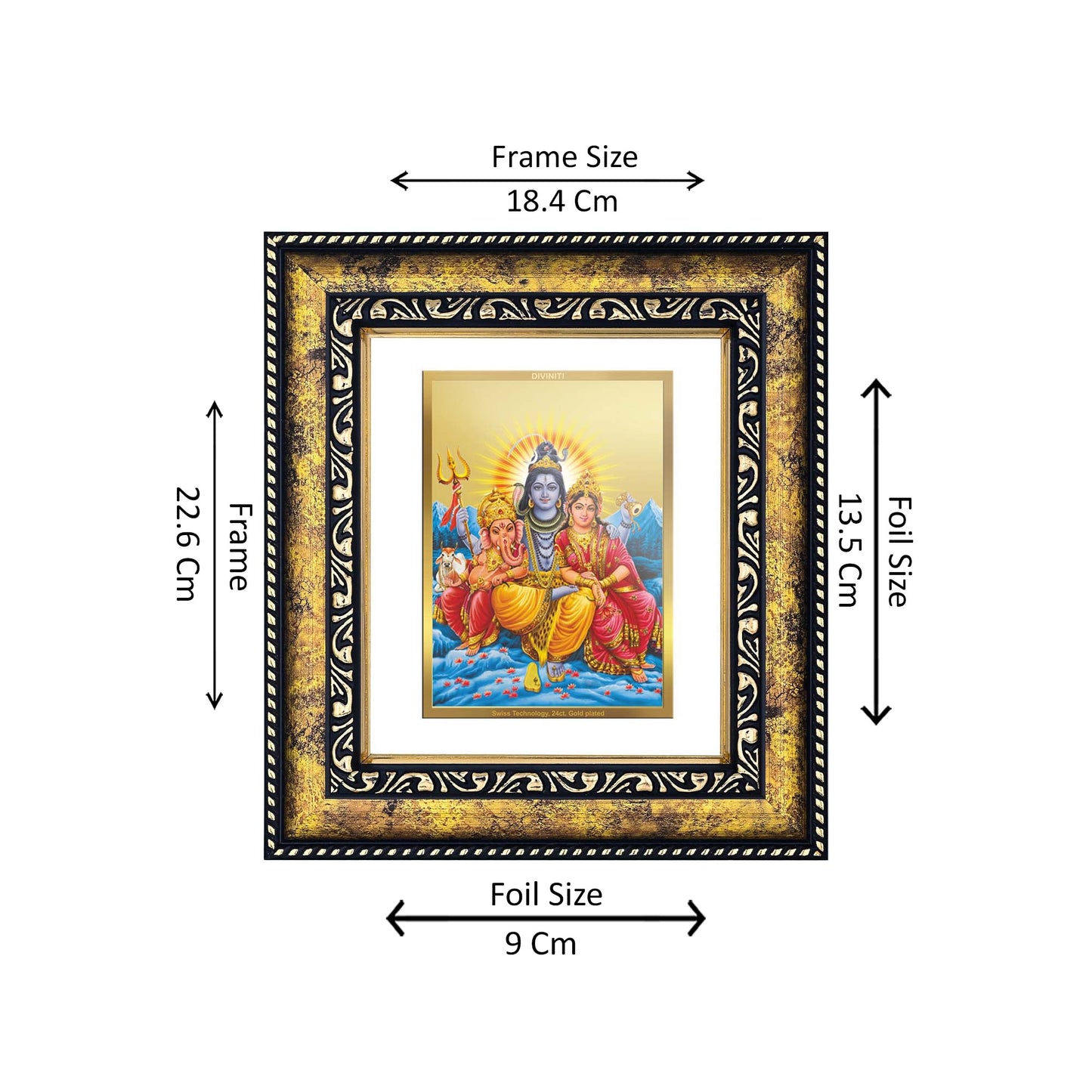 DIVINITI 24K Gold Plated Lord Shiv Parivar Elegant Photo Frame Idol for Wall Hanging, Workshop, Table Top, Home Decor, Luxury Gift|DG113 Size 2 (22.6x18.4 CM)