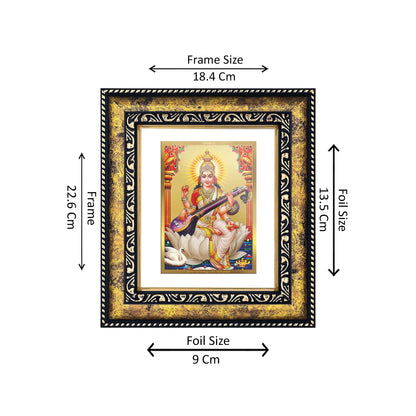 DIVINITI 24K Gold Plated Goddess Saraswati Photo Frame Idol for Home Decor, Puja Room, Table Top, Wall Hanging, Workshop, Luxurious Gift|DG113 Size 2 (22.6x18.4 CM)