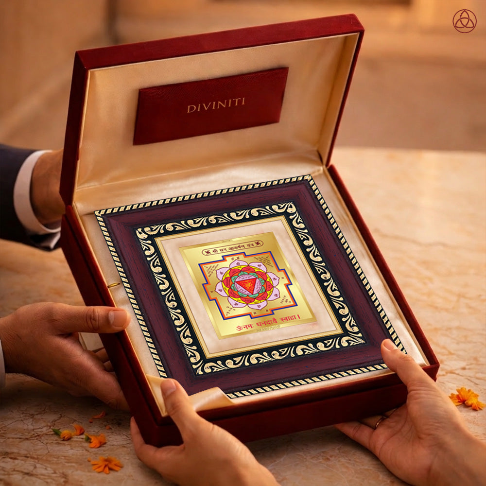Shri Dhan Akarshan Yantra presented in an elegant box, showcasing sacred planetary symbols, perfect for harmony and prosperity.
