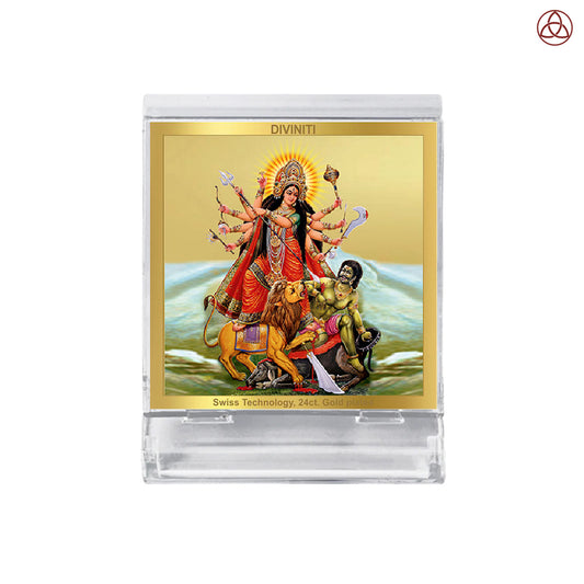 Durga Mahishasura | Divine Goddess Durga Car Dashboard & Tabletop Photo Frame in 24K Gold Plated Foil