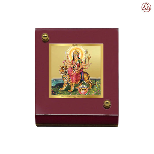 Durga Sherawali Mata with Pind | Divine Goddess Durga Car Dashboard & Tabletop Photo Frame in 24K Gold Plated Foil