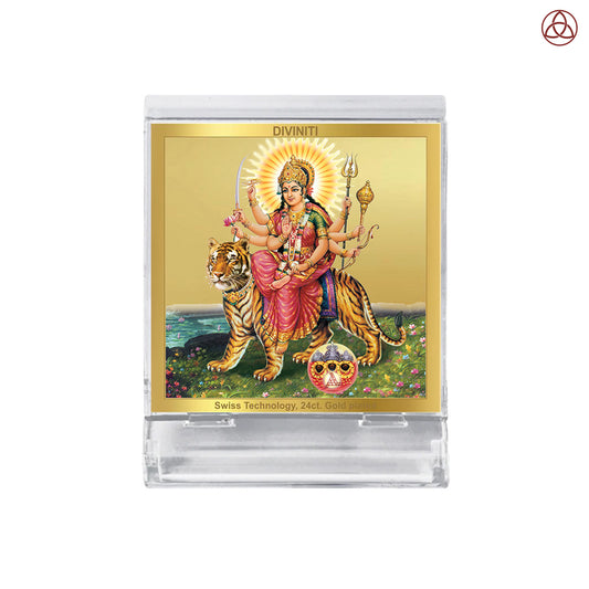 Durga Sherawali Mata with Pind | Divine Goddess Durga Car Dashboard & Tabletop Photo Frame in 24K Gold Plated Foil