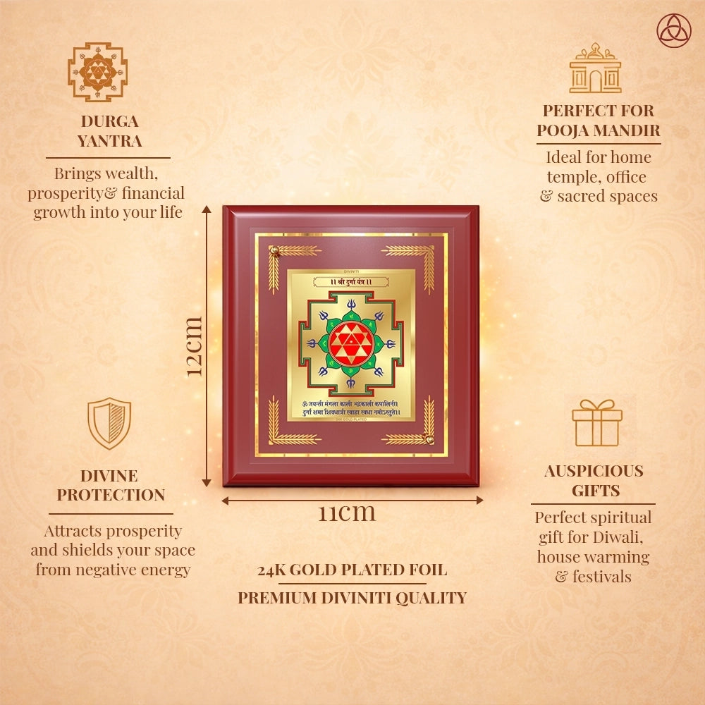 Durga Yantra art framed in 24K gold plated foil designed for protection and prosperity, ideal for home or temple decor.