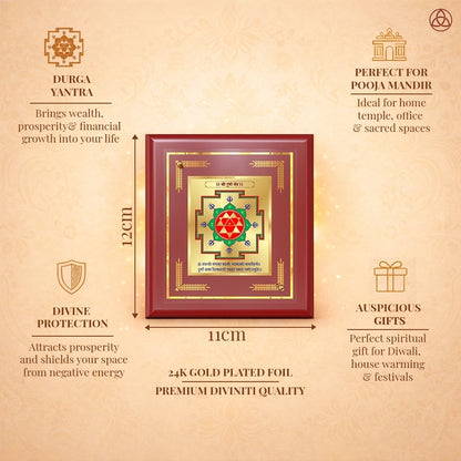 Durga Yantra art framed in 24K gold plated foil designed for protection and prosperity, ideal for home or temple decor.