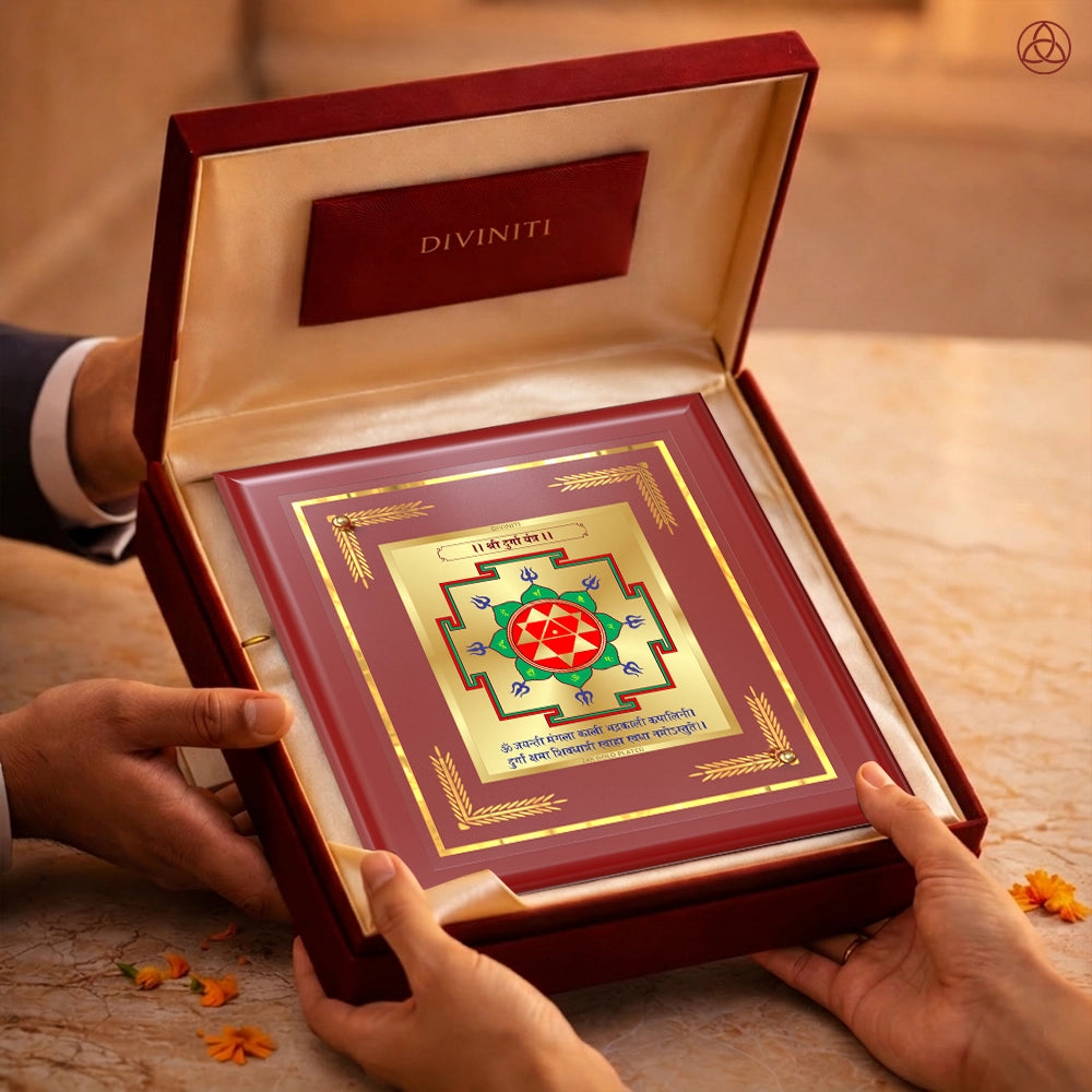 Durga Yantra in 24K gold-plated foil, beautifully presented in a box, symbolizing protection and power.