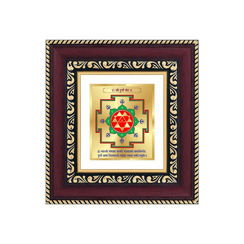 Durga Yantra framed artwork in 24K gold plated foil, symbolizing protection and spiritual strength.