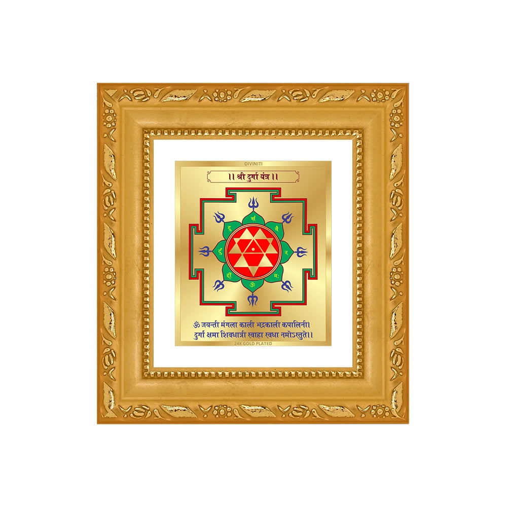 Durga Yantra framed artwork in 24K gold plated foil, symbolizing protection and spiritual strength.
