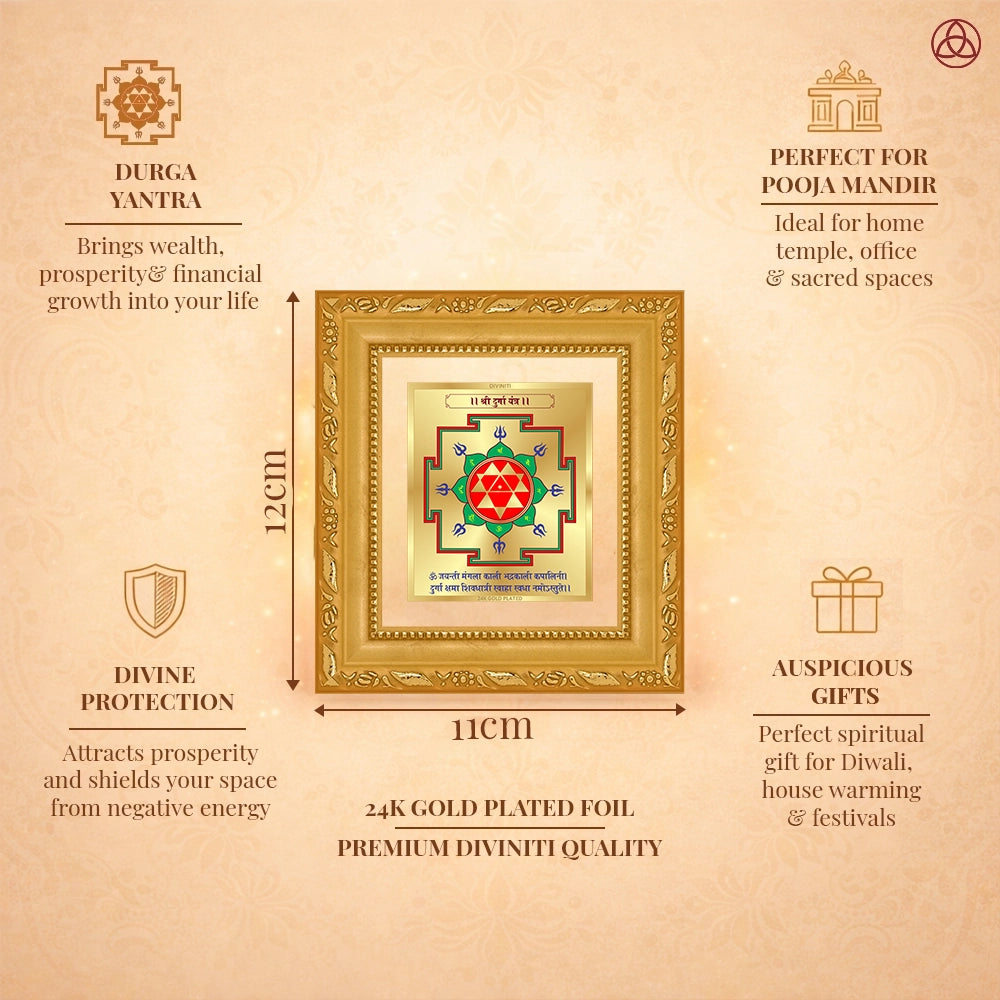 Durga Yantra art framed in 24K gold plated foil designed for protection and prosperity, ideal for home or temple decor.