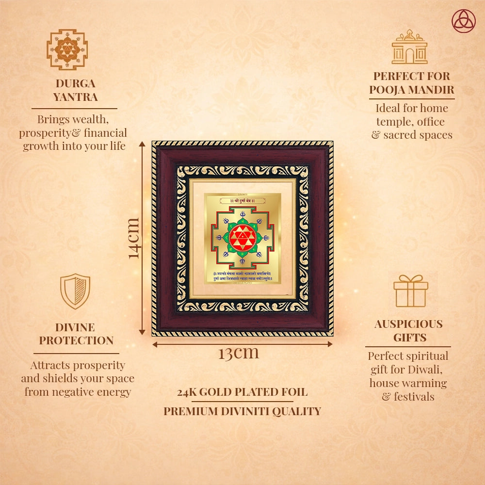 Durga Yantra art framed in 24K gold plated foil designed for protection and prosperity, ideal for home or temple decor.