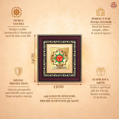 Durga Yantra art framed in 24K gold plated foil designed for protection and prosperity, ideal for home or temple decor.