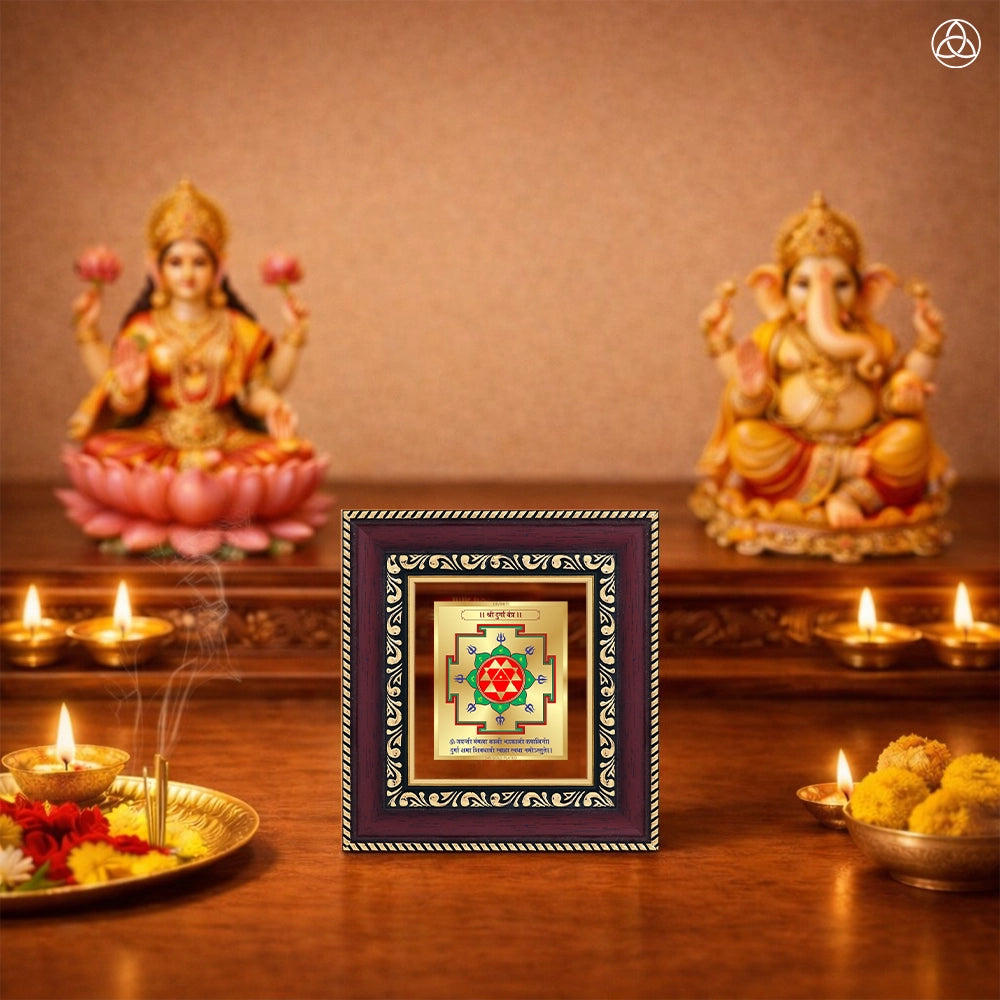 Durga Yantra | Sacred Protection & Power Frame in 24K Gold Plated Foil displayed with traditional deities and offerings.
