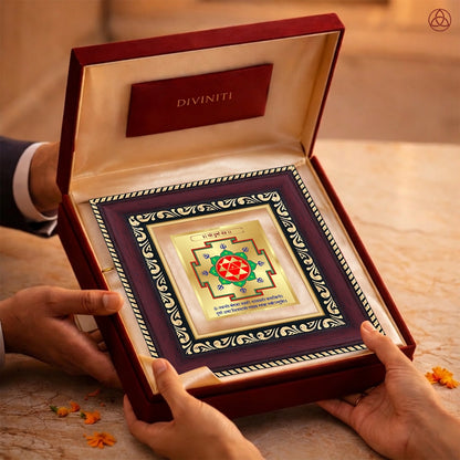 Durga Yantra in 24K gold-plated foil, beautifully presented in a box, symbolizing protection and power.