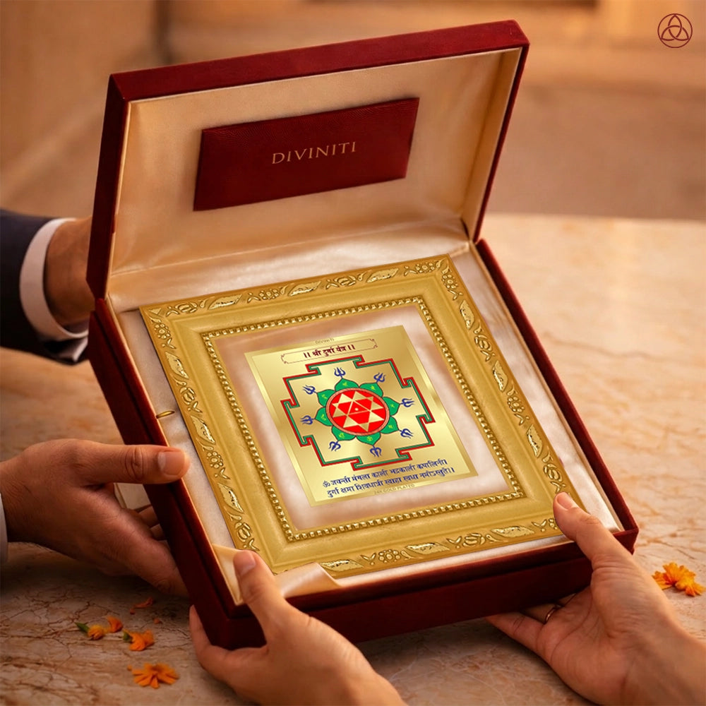Durga Yantra in 24K gold-plated foil, beautifully presented in a box, symbolizing protection and power.