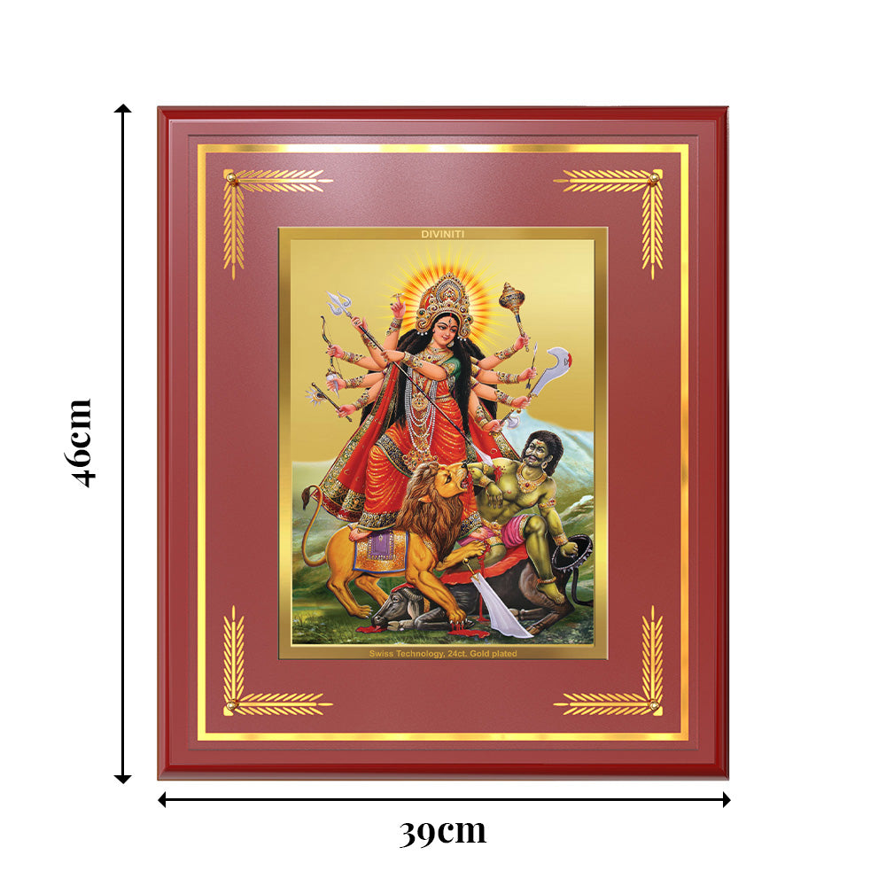 Durga-Mahishasura Mardini | Goddess Durga Slaying Mahishasura Wall & Tabletop Frame in 24K Gold Plated Foil