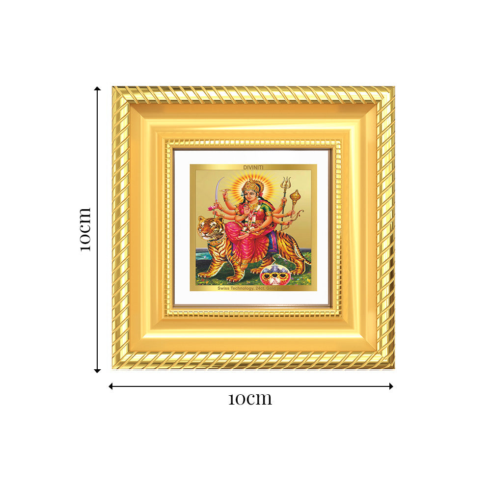 Diviniti Durga Sherawali Mata Tabletop Frame in 24K Gold Plated Foil | Shakti, Protection & Divine Blessings | DG015S1A (10x10 CM)
