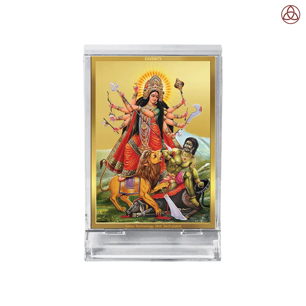 Durga Mahishasura Mardini | Goddess Durga Slaying Mahishasura Car Dashboard Frame in 24K Gold Plated Foil