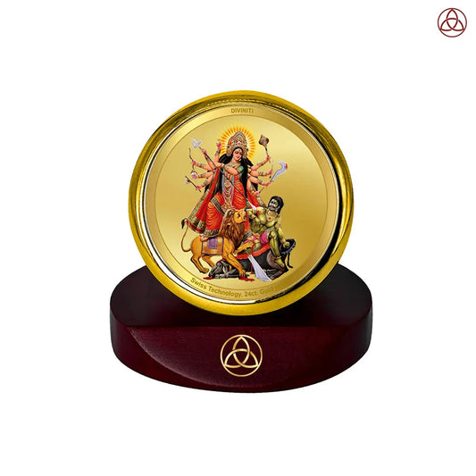 Durga Mahishasura Mardini | Goddess Durga Slaying Mahishasura Car Dashboard Frame in 24K Gold Plated Foil