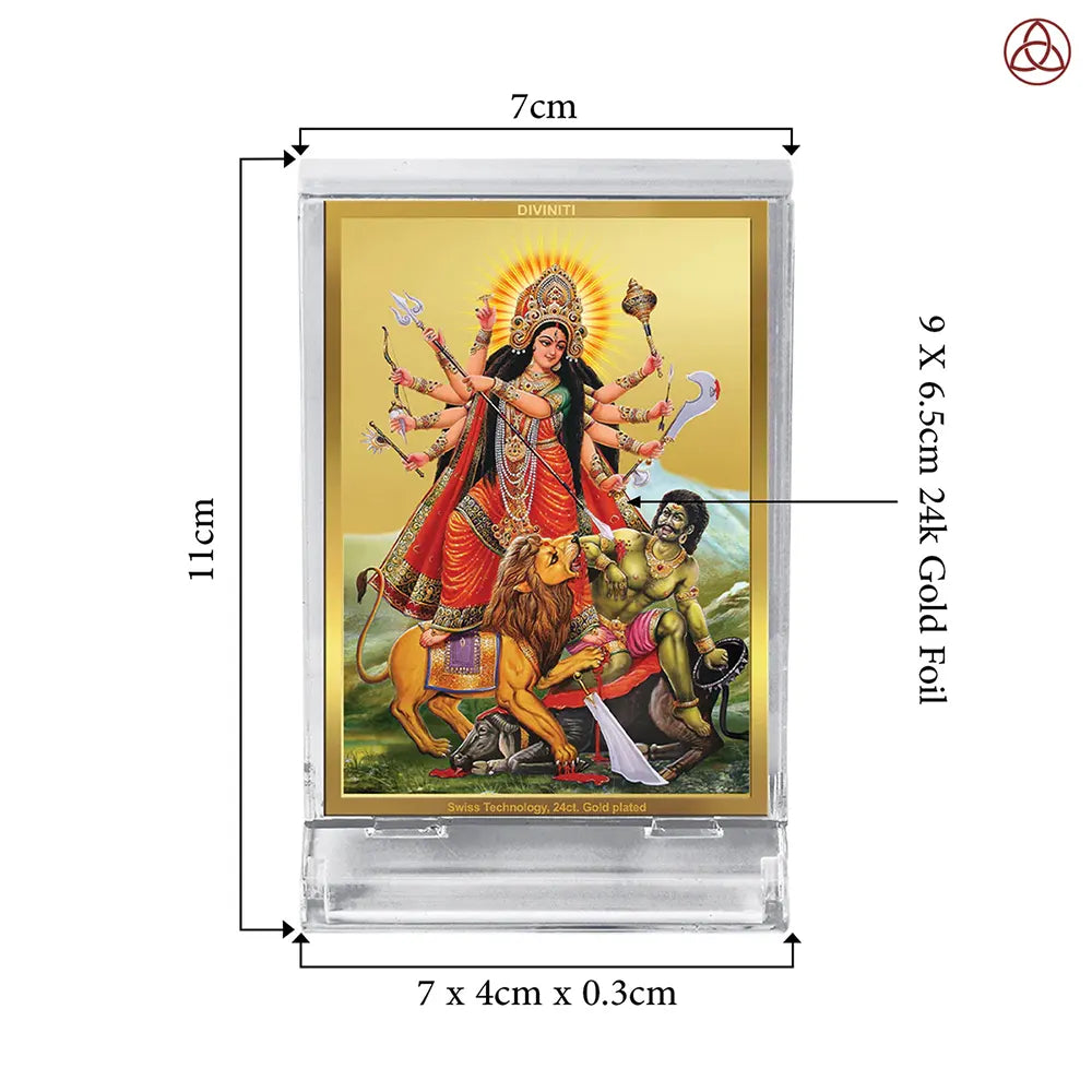 Durga Mahishasura Mardini | Goddess Durga Slaying Mahishasura Car Dashboard Frame in 24K Gold Plated Foil
