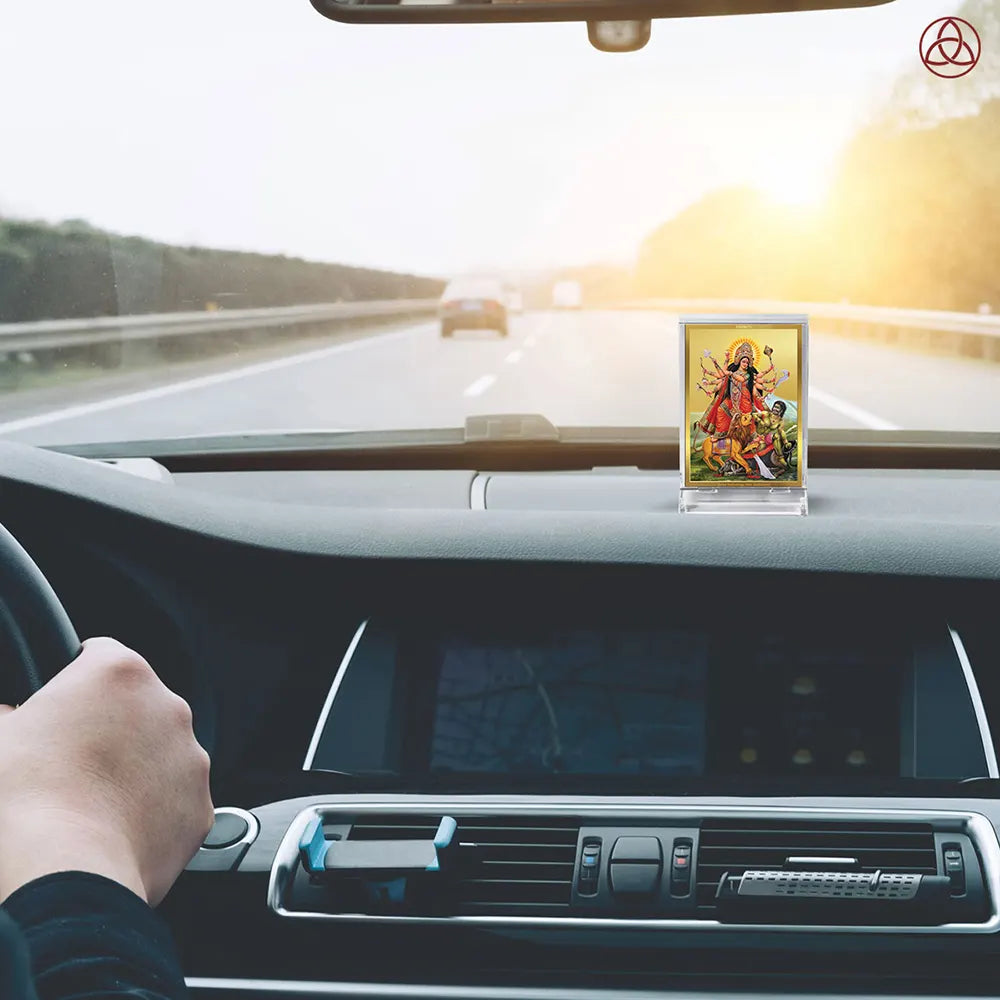 Durga Mahishasura Mardini | Goddess Durga Slaying Mahishasura Car Dashboard Frame in 24K Gold Plated Foil