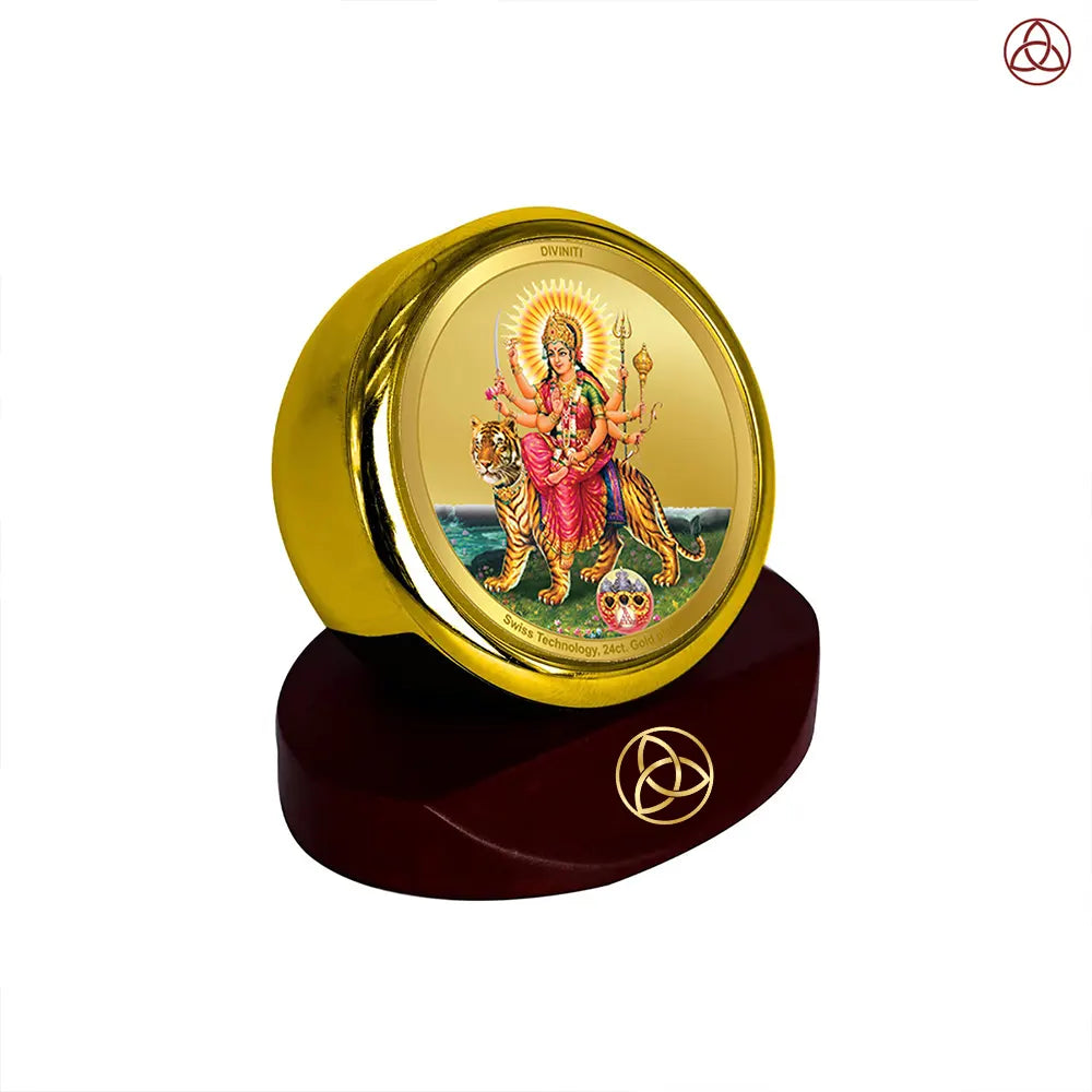 Durga Mahishasura Mardini | Goddess Durga Slaying Mahishasura Car Dashboard Frame in 24K Gold Plated Foil
