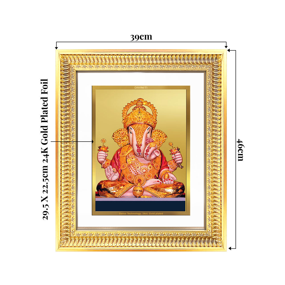 Dagdu Ganesh framed image in 24K gold plated foil, perfect for wall or tabletop decoration.