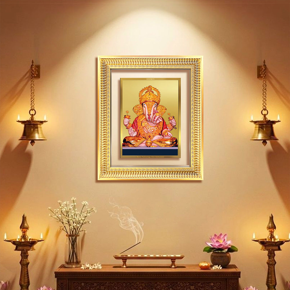 Dagdu Ganesh Wall Frame in 24K Gold Plated Foil, depicting Lord Ganesh in a serene setting.