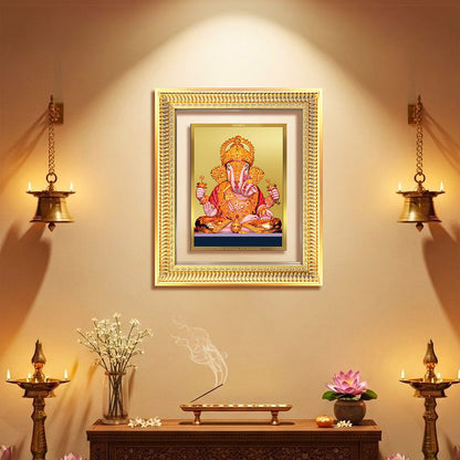 Dagdu Ganesh Wall Frame in 24K Gold Plated Foil, depicting Lord Ganesh in a serene setting.