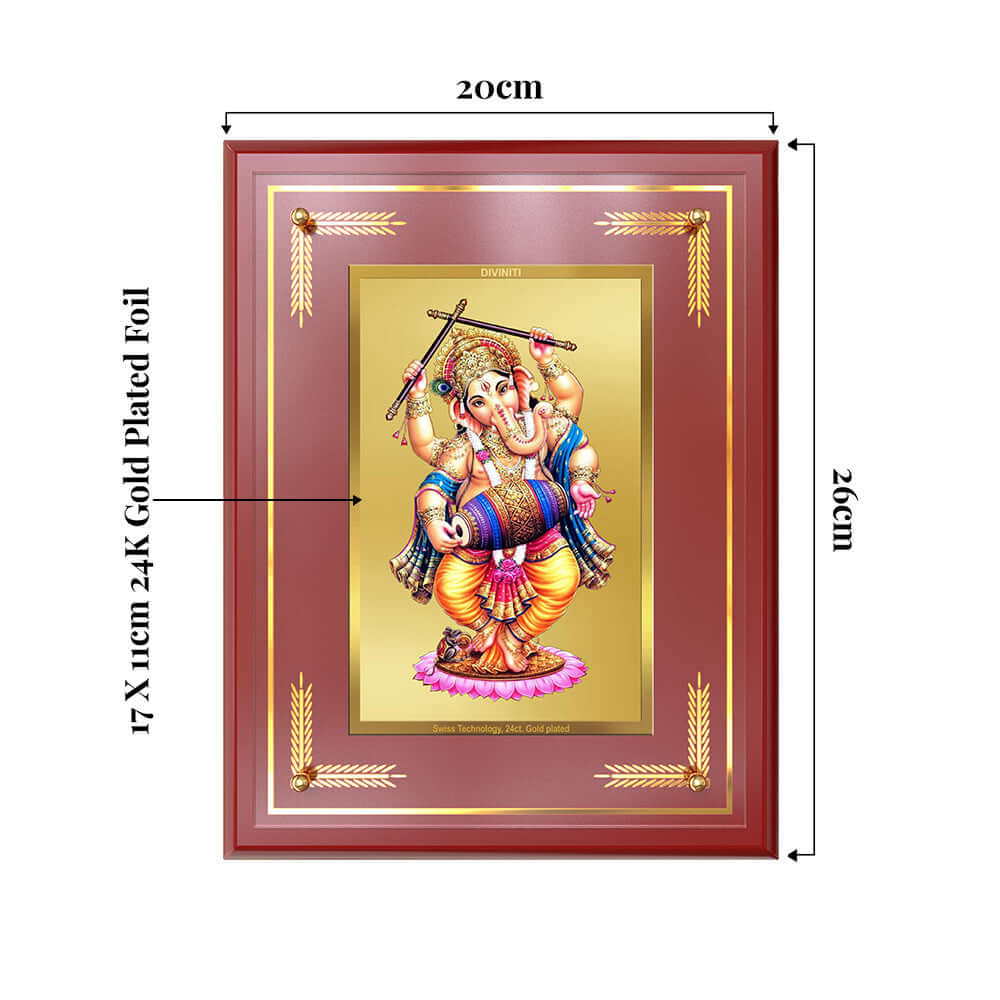 Dancing Ganesha Photo Frame showing product dimensions, ideal for spiritual décor and devotional gifting.