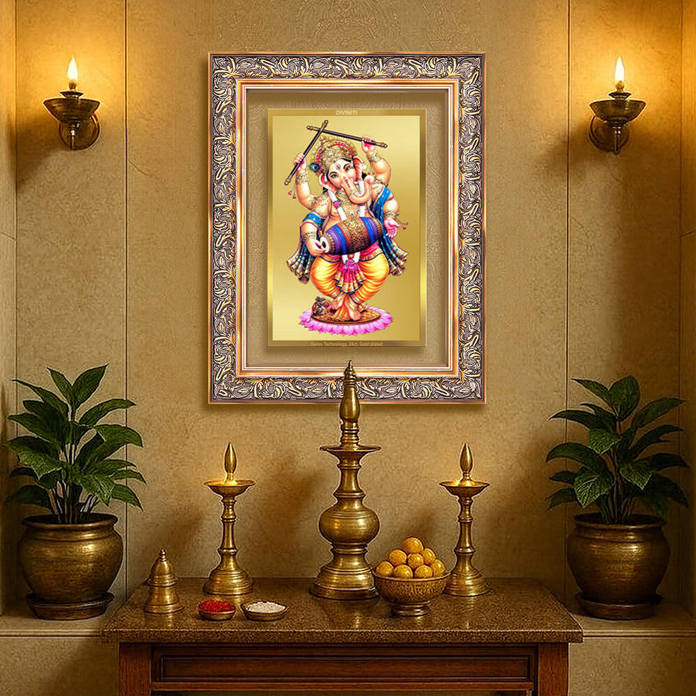 Dancing Ganesha on 24K Gold | Nritya Ganapati Wall Photo Frame in 24K Gold Plated Foil