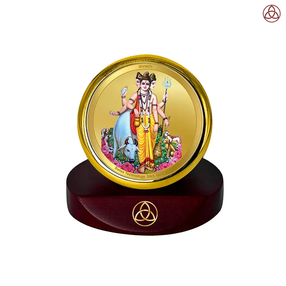 Dattatreya with Kamadhenu | Shri Dattatreya Car Dashboard Frame in 24K Gold Plated Foil