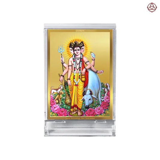 Dattatreya with Kamadhenu | Shri Dattatreya Car Dashboard Frame in 24K Gold Plated Foil
