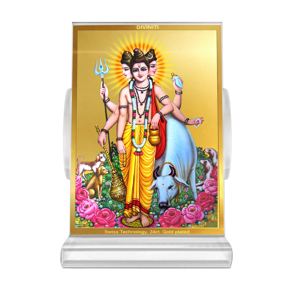 Dattatreya with Kamadhenu | Shri Dattatreya Car Dashboard Frame in 24K Gold Plated Foil