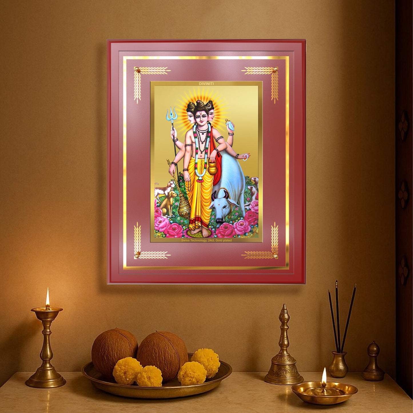 Dattatreya with Kamadhenu | Shri Dattatreya Wall Mount Photo Frame in 24K Gold Plated Foil