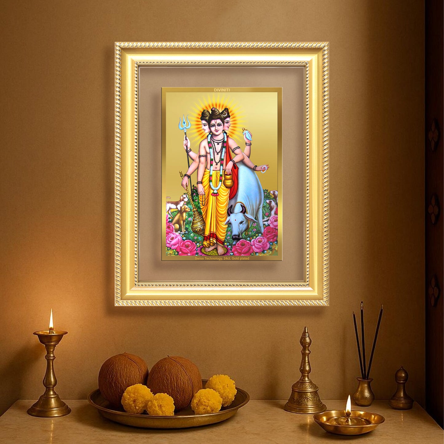 Dattatreya with Kamadhenu | Shri Dattatreya Wall Mount Photo Frame in 24K Gold Plated Foil