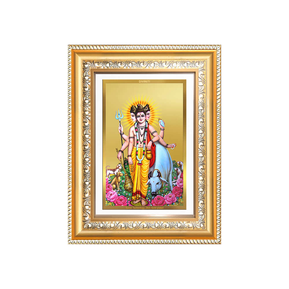 Dattatreya with Kamadhenu | Shri Dattatreya Wall and Tabletop Mount Photo Frame in 24K Gold Plated Foil