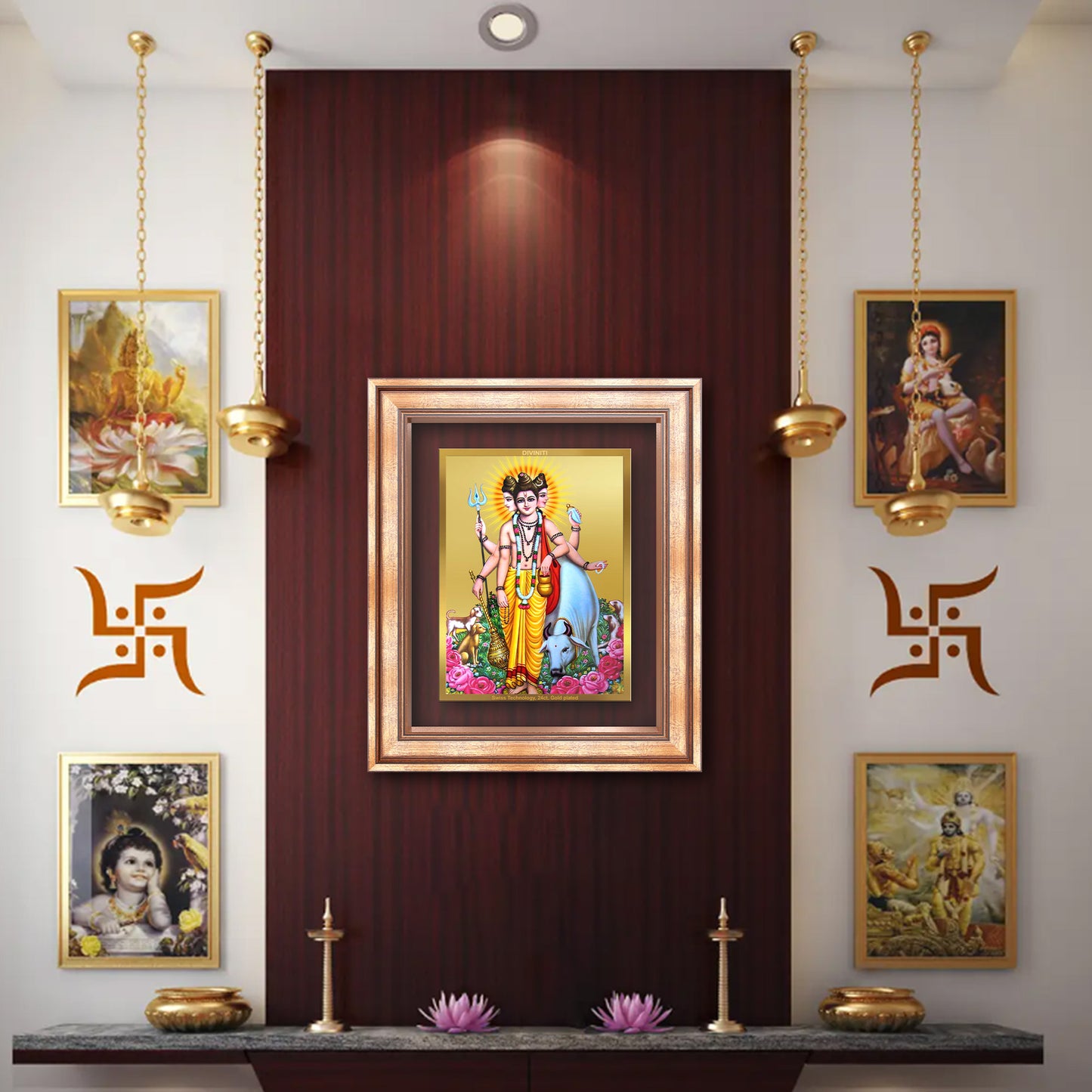 Dattatreya with Kamadhenu | Shri Dattatreya Wall Mount Photo Frame in 24K Gold Plated Foil