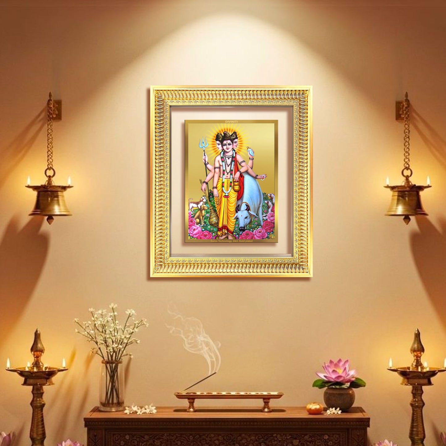 Dattatreya with Kamadhenu | Shri Dattatreya Wall Mount Photo Frame in 24K Gold Plated Foil
