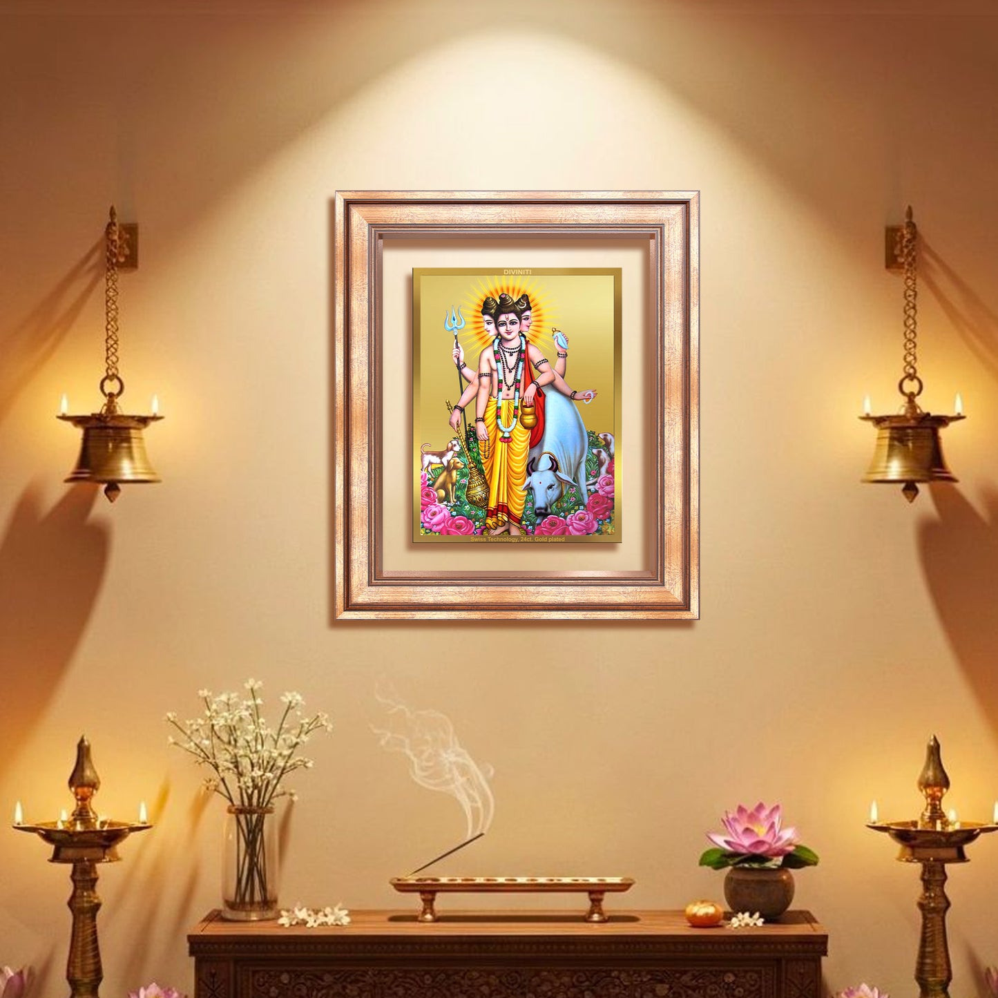 Dattatreya with Kamadhenu | Shri Dattatreya Wall Mount Photo Frame in 24K Gold Plated Foil