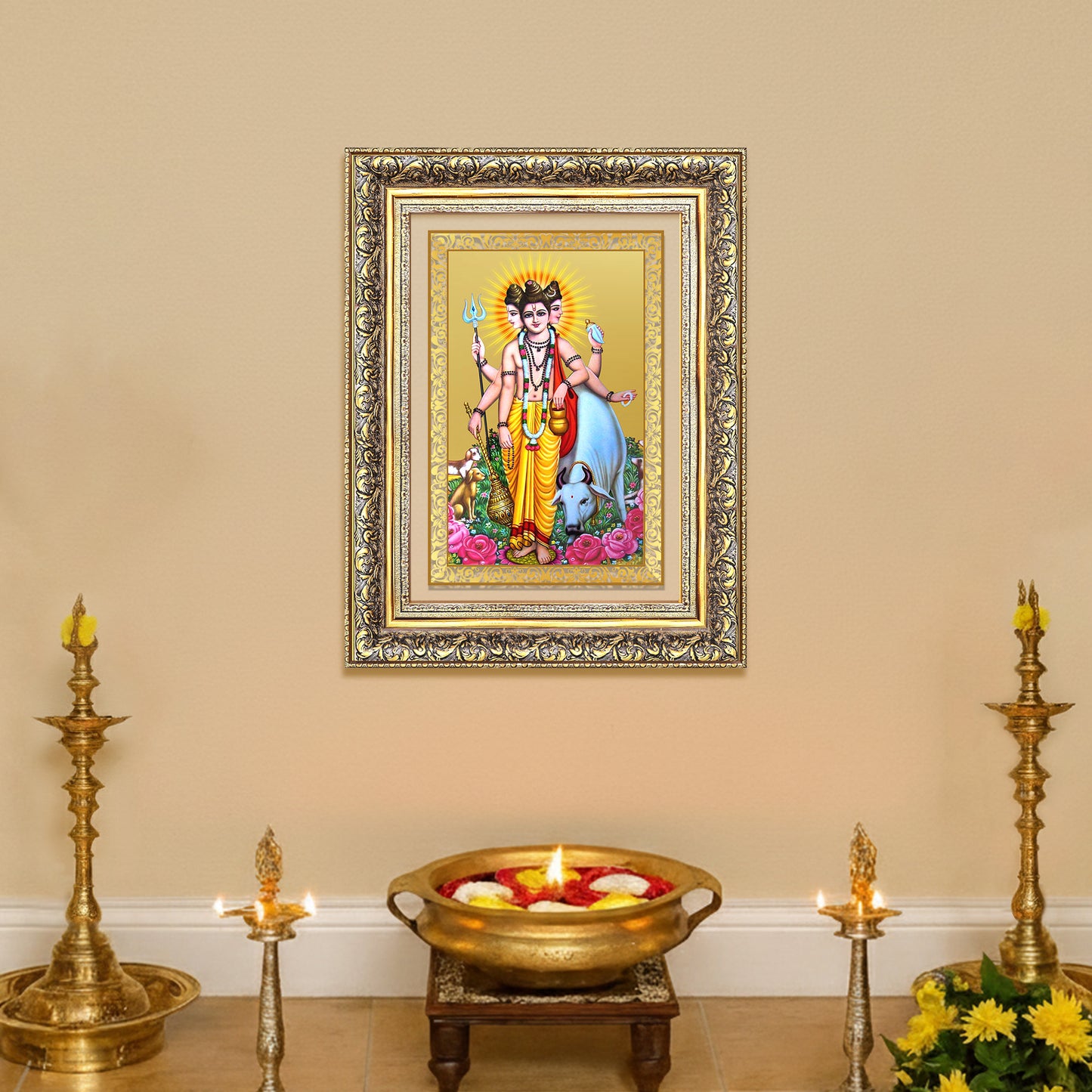 Dattatreya with Kamadhenu | Shri Dattatreya Wall Mount Photo Frame in 24K Gold Plated Foil