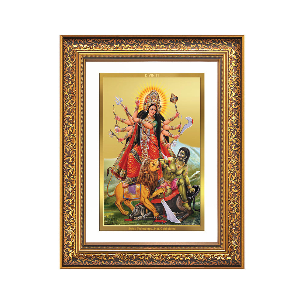 Durga-Mahishasura Mardini | Goddess Durga Slaying Mahishasura Wall Photo Frame in 24K Gold Plated Foil