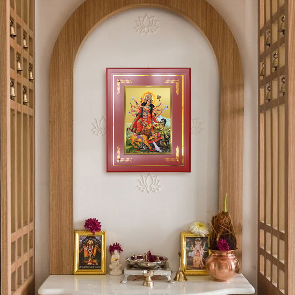 Durga-Mahishasura Mardini | Goddess Durga Slaying Mahishasura Wall & Tabletop Frame in 24K Gold Plated Foil