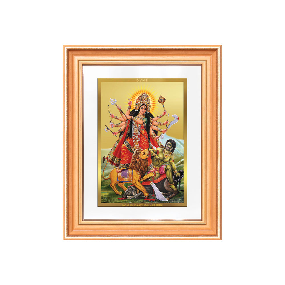 Durga-Mahishasura Mardini | Goddess Durga Slaying Mahishasura Wall & Tabletop Frame in 24K Gold Plated Foil