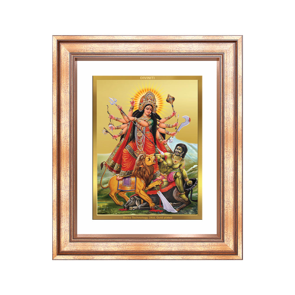 Durga-Mahishasura Mardini | Goddess Durga Slaying Mahishasura Wall & Tabletop Frame in 24K Gold Plated Foil