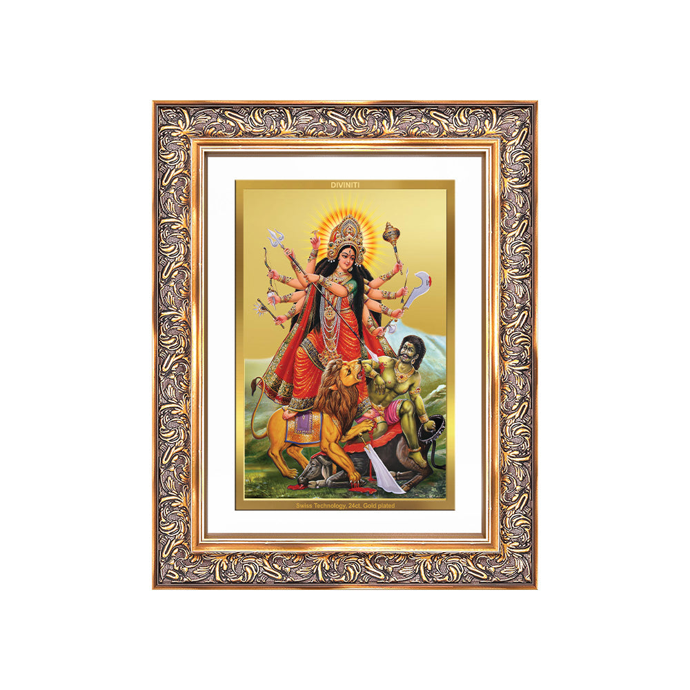 Durga-Mahishasura Mardini | Goddess Durga Slaying Mahishasura Wall Photo Frame in 24K Gold Plated Foil