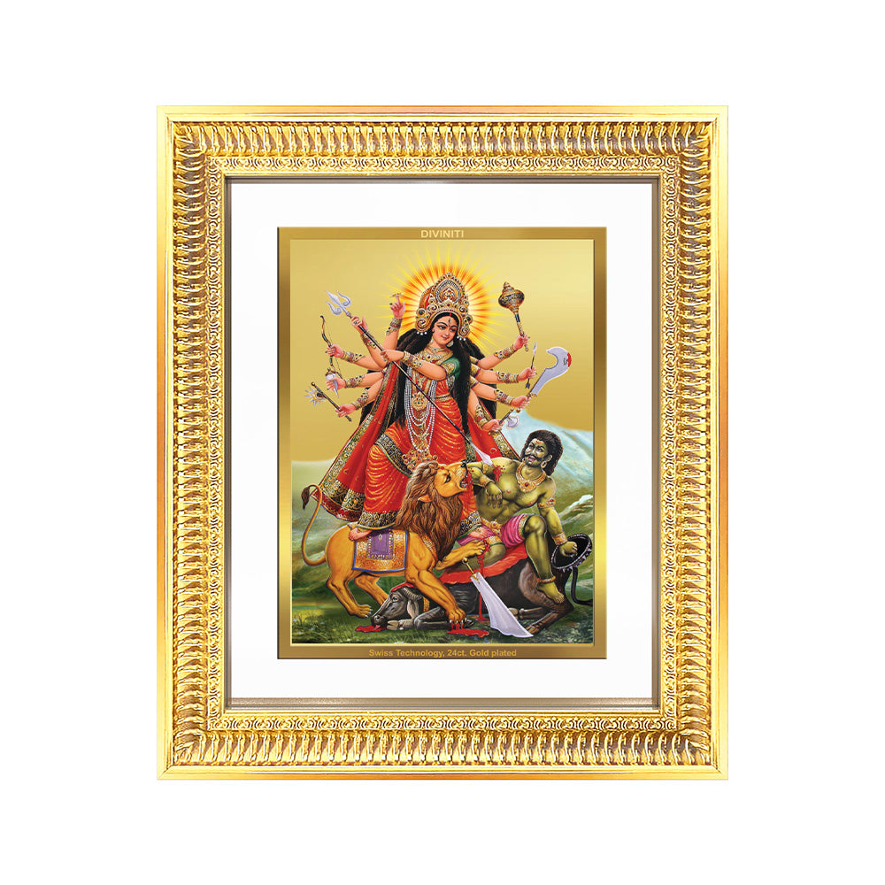 Durga-Mahishasura Mardini wall art depicting Goddess Durga slaying Mahishasura in a golden frame.