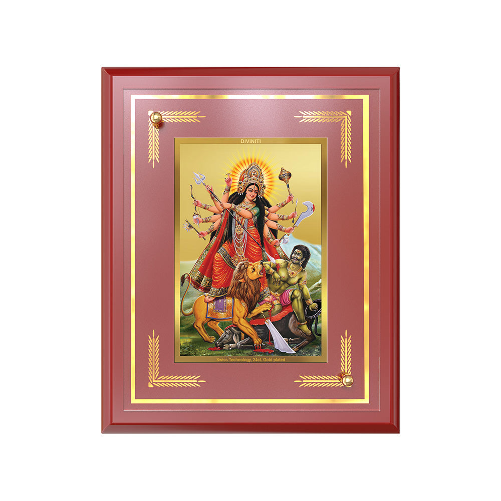 Durga-Mahishasura Mardini | Goddess Durga Slaying Mahishasura Wall and Tabletop Photo Frame in 24K Gold Plated Foil