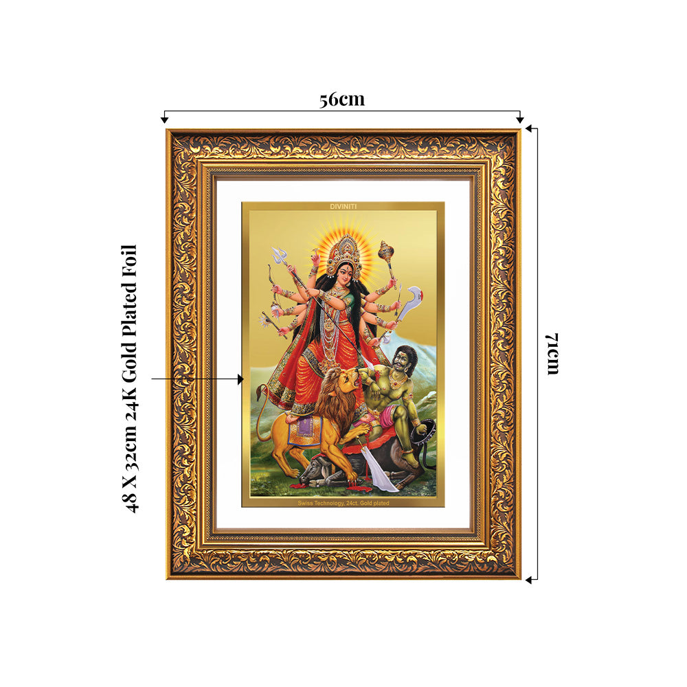 Durga-Mahishasura Mardini | Goddess Durga Slaying Mahishasura Wall Photo Frame in 24K Gold Plated Foil