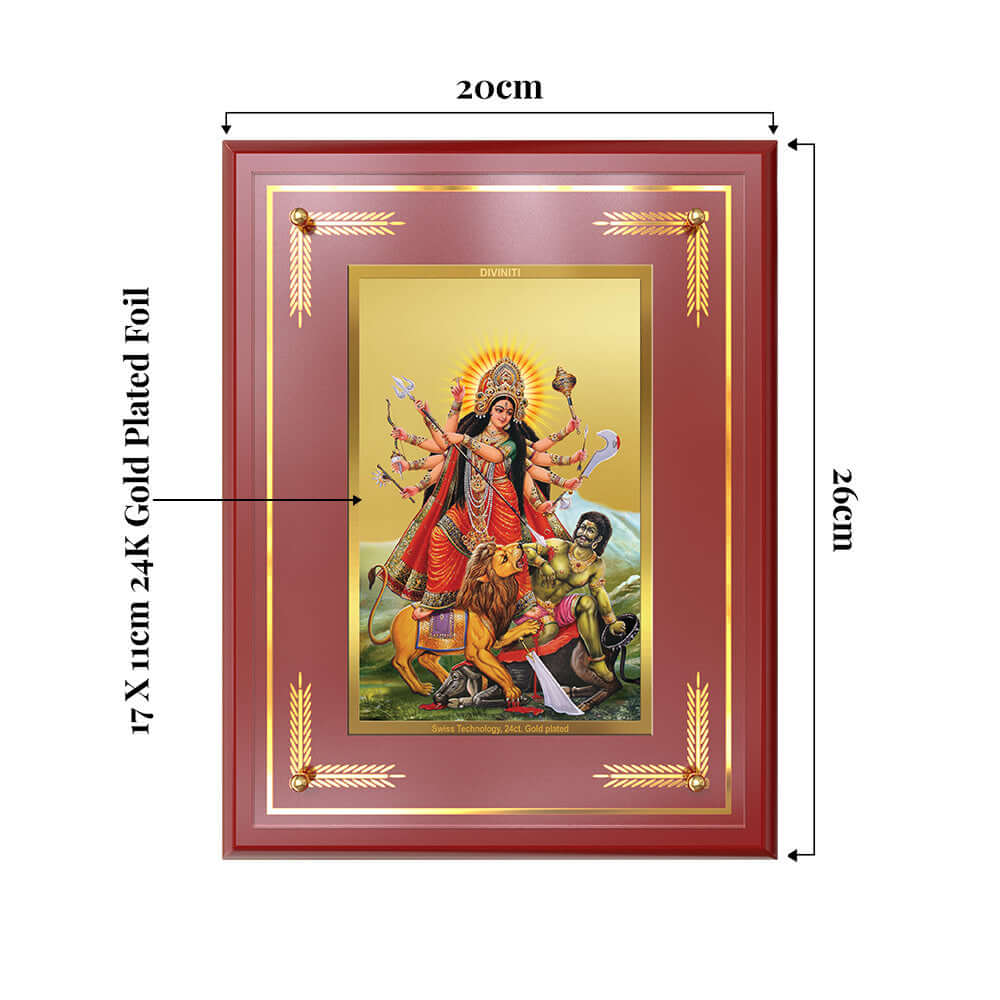 Durga-Mahishasura Mardini Photo Frame showing product dimensions, ideal for spiritual décor and devotional gifting.