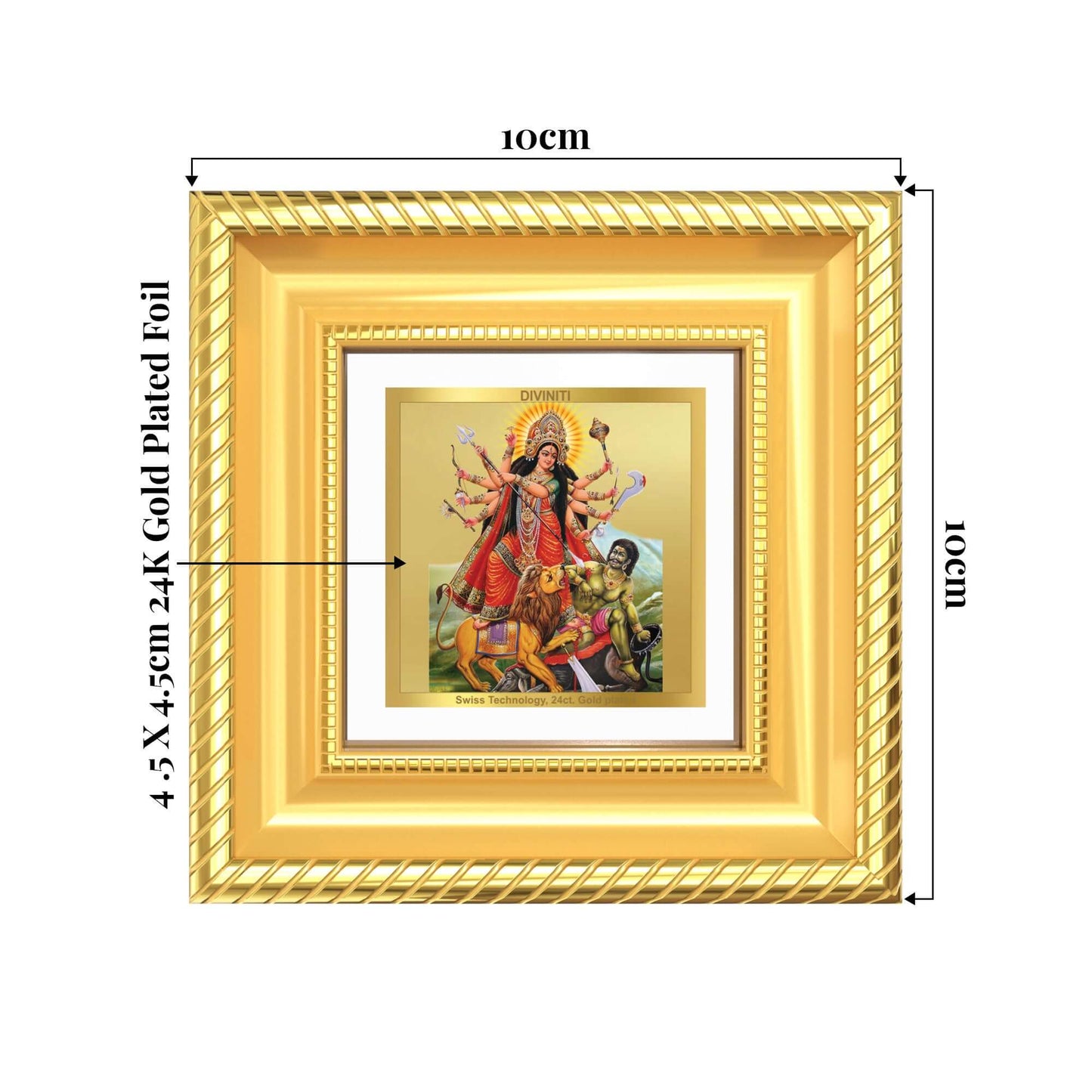 Durga-Mahishasura Mardini | Goddess Durga Slaying Mahishasura Tabletop Frame in 24K Gold Plated Foil, showcasing intricate design and dimensions.