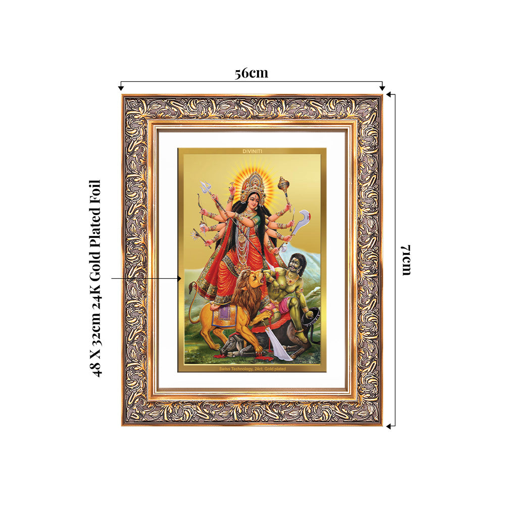 Durga-Mahishasura Mardini | Goddess Durga Slaying Mahishasura Wall Photo Frame in 24K Gold Plated Foil